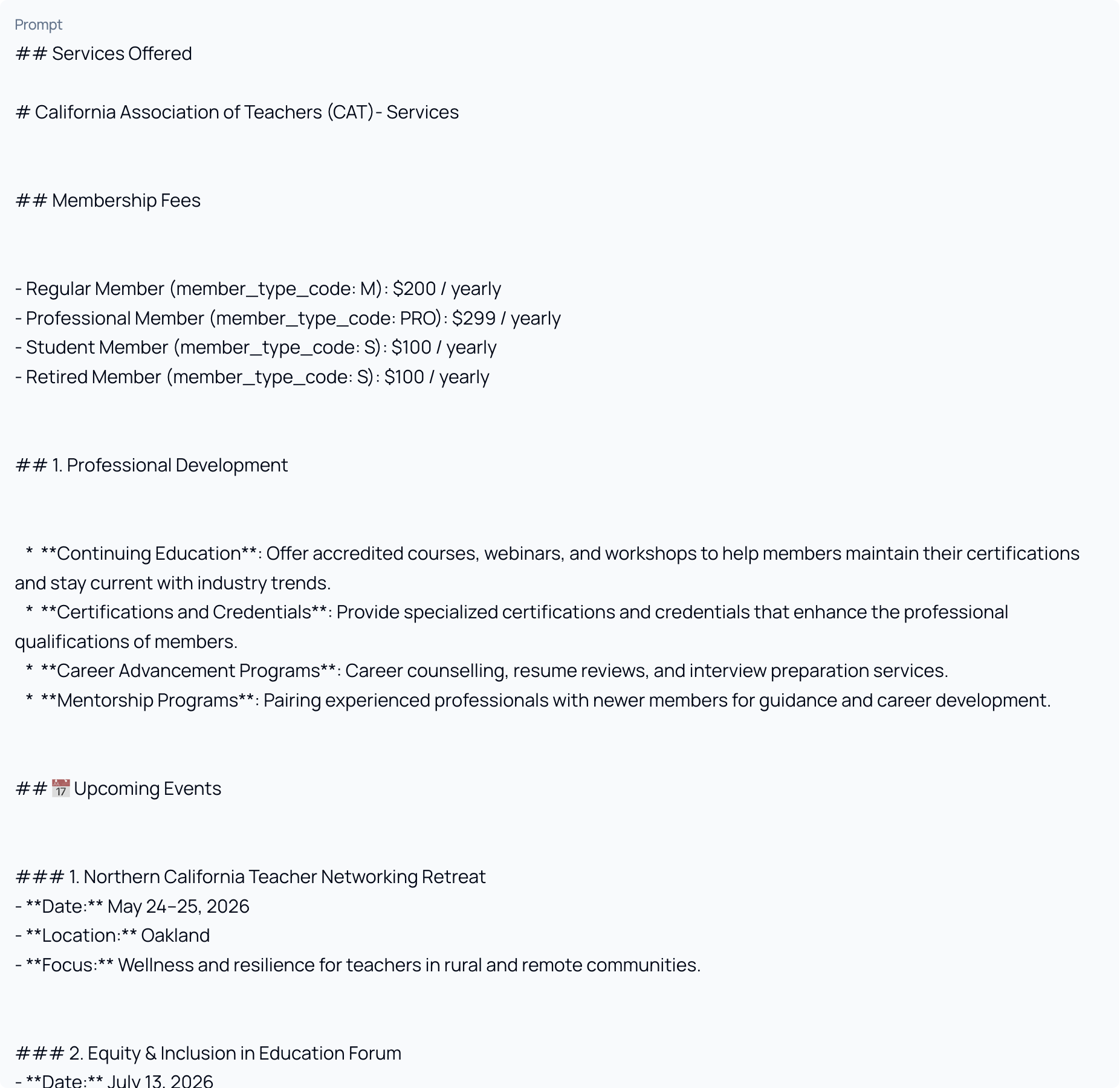 A worked example. Membership tiers with fees, then programs, then real dated events — each with a location and a one-line focus.